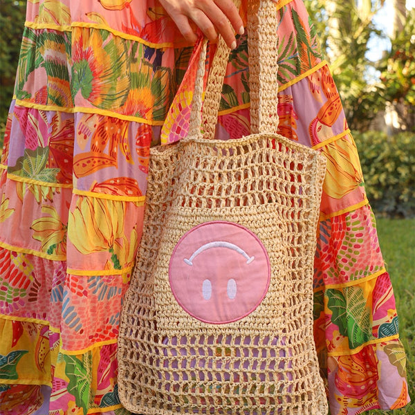 Straw Braided Round Happy Face Tote Bag