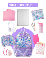 Text on top of the image reads, "What fits inside." Items are displayed across a white background surrounding a vinyl backpack with purple confetti trapped inside. The items include: a pink sweater, purple pouch, confetti pens, white headphones, a pink glitter water bottle, a purple confetti lunchbox, a pink clipboard, a pink note book, a pink lanyard and a tablet.