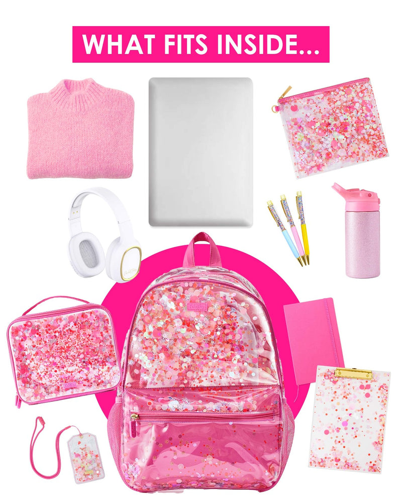 Text on top of the image reads, "What fits inside." Items are displayed across a white background surrounding a pink backpack with confetti trapped inside. The items include: a pink sweater, pink everything pouch, confetti pens, white headphones, a pink glitter water bottle, a pink confetti lunchbox, a pink clipboard, a pink note book, a pink lanyard and a computer and tablet.