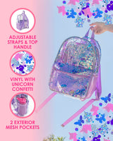 A person holds a clear vinyl backpack with purple confetti trapped inside up against the sky. To the left, three icons display information about the backpack. The first icon reads, "Adjustable straps and top handle." The second one reads, "Vinyl with unicorn confetti." The third one reads "2 exterior mesh pockets."