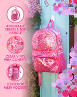 A pink, confetti-filled backpack hangs on a locker. To the left of the backpack, three icons provide information about the backpack. The first icon reads, "Adjustable straps and top handle." The second icon reads, "Clear vinyl with confetti." The third icon reads, "2 exterior mesh pockets."