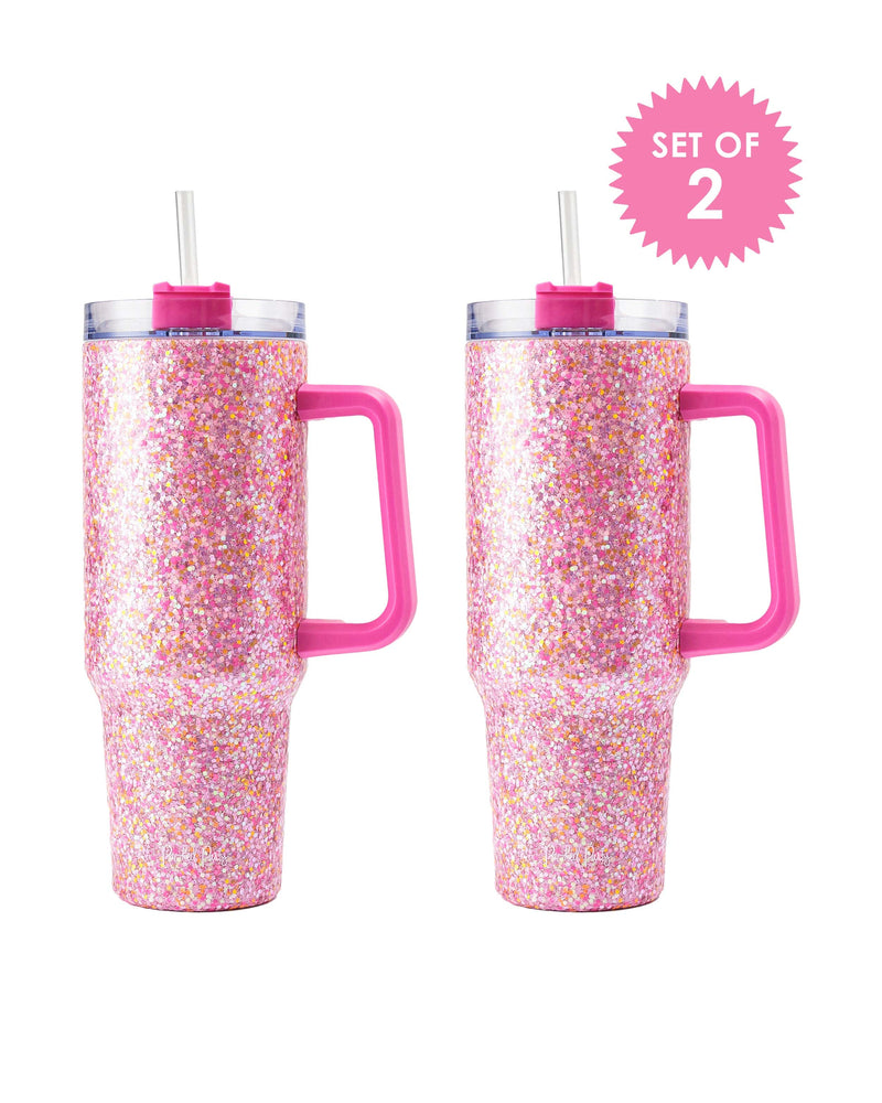 Set of 2 pink glitter stainless steel tumblers. 
