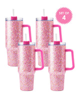 Set of four pink glitter stainless steel tumblers. 