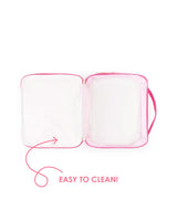 A pink lunchbox lies open to reveal a white, insulated interior. A pink arrow points to the interior, and the text connected to it reads "Easy to clean!"