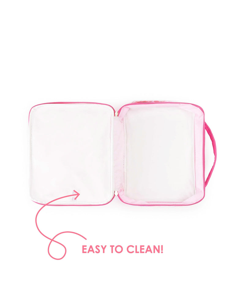 A pink lunchbox lies open to reveal a white, insulated interior. A pink arrow points to the interior, and the text connected to it reads "Easy to clean!"