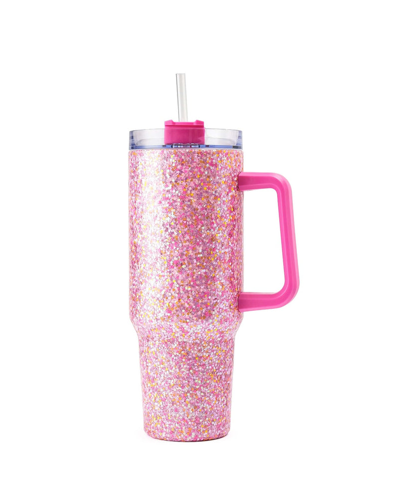 A pink glitter stainless steel tumbler stands against a white background. 