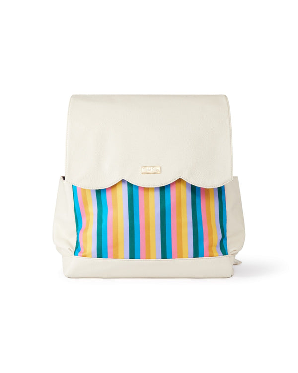 Cream colored diaper bag backpack with rainbow stripes
