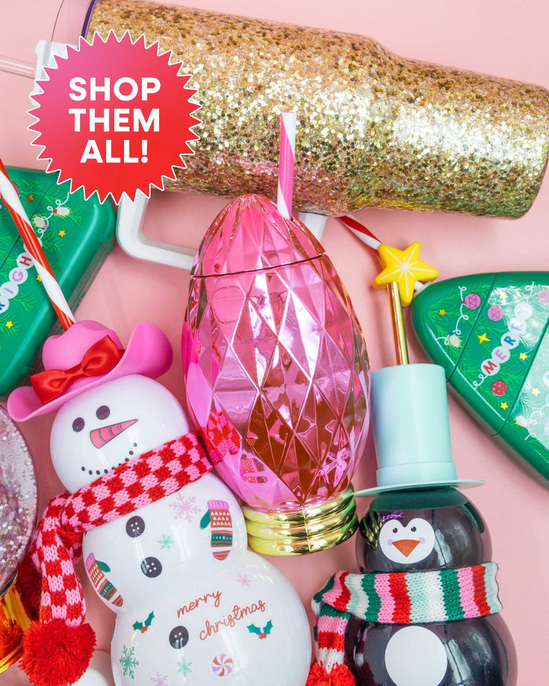 Pink Light Bulb sipper surrounded by assortment of holiday sippers with text that reads "Shop Them All!" shot against pink background. 