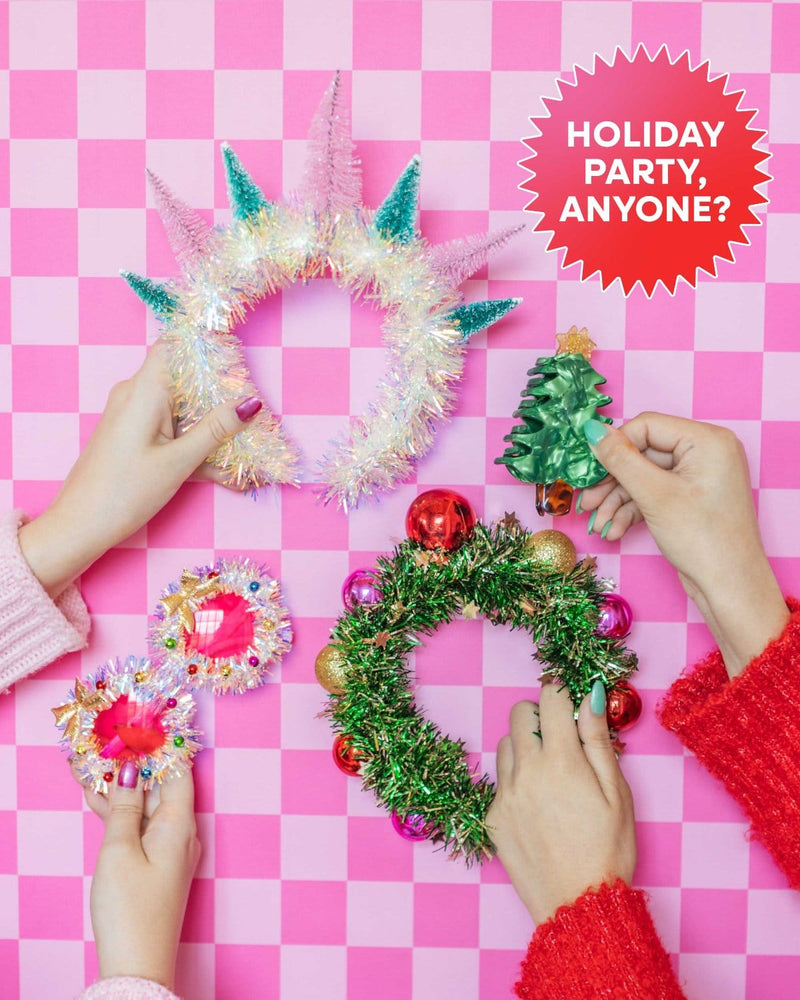 Infographic of hands holding assortment of holiday headwear with text that reads "Holiday Party, Anyone?" shot against pink checkered background. 