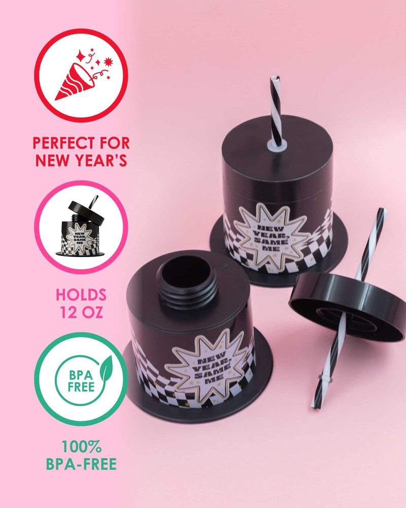 Infographic highlighting features on left side with image of two sippers on right side. Features include perfect for new year's, each cup holds 12 oz, and 100% BPA-Free. 