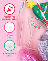 Infographic highlighting features on left side and image of assorted holiday drink wear on right side. Features include perfect for holiday parties, holds 4 oz, and made of hand blown glass. 