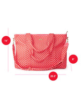 Large pink and red checkered duffel bag shot against white background with dimensions, including height of 16", length of 20.5", and width of 8" 