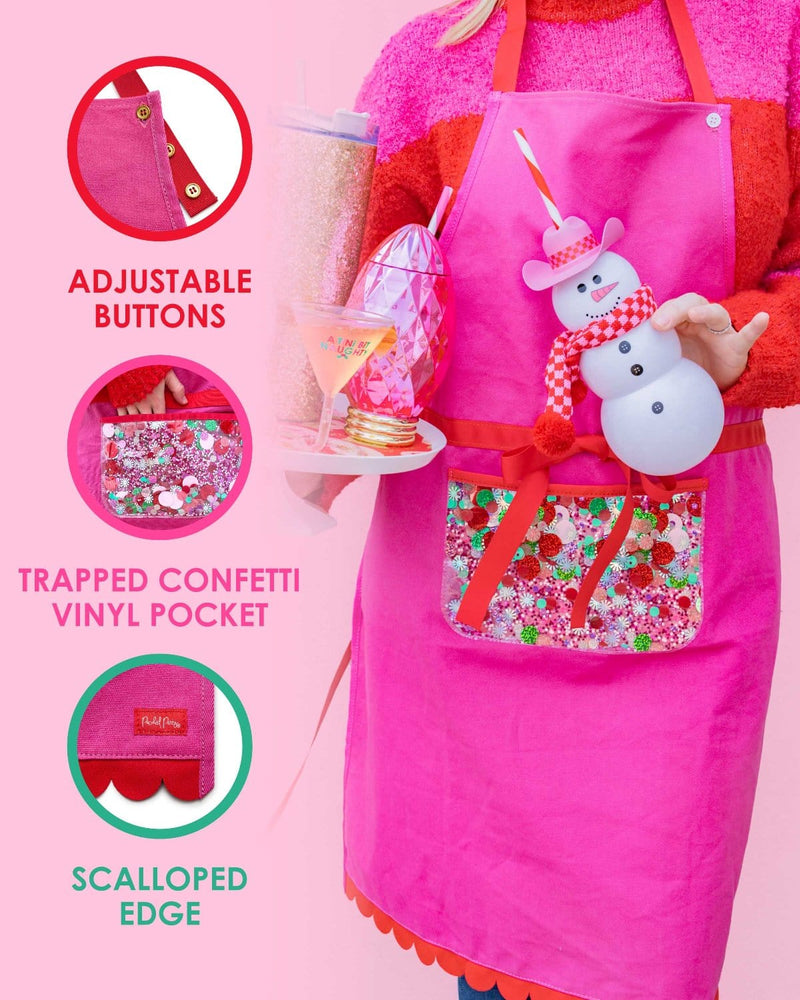 Infographic on left side highlighting features of apron and woman wearing apron while carrying sippers on right side. Features include adjustable buttons, trapped confetti vinyl pocket, and scalloped edge. 