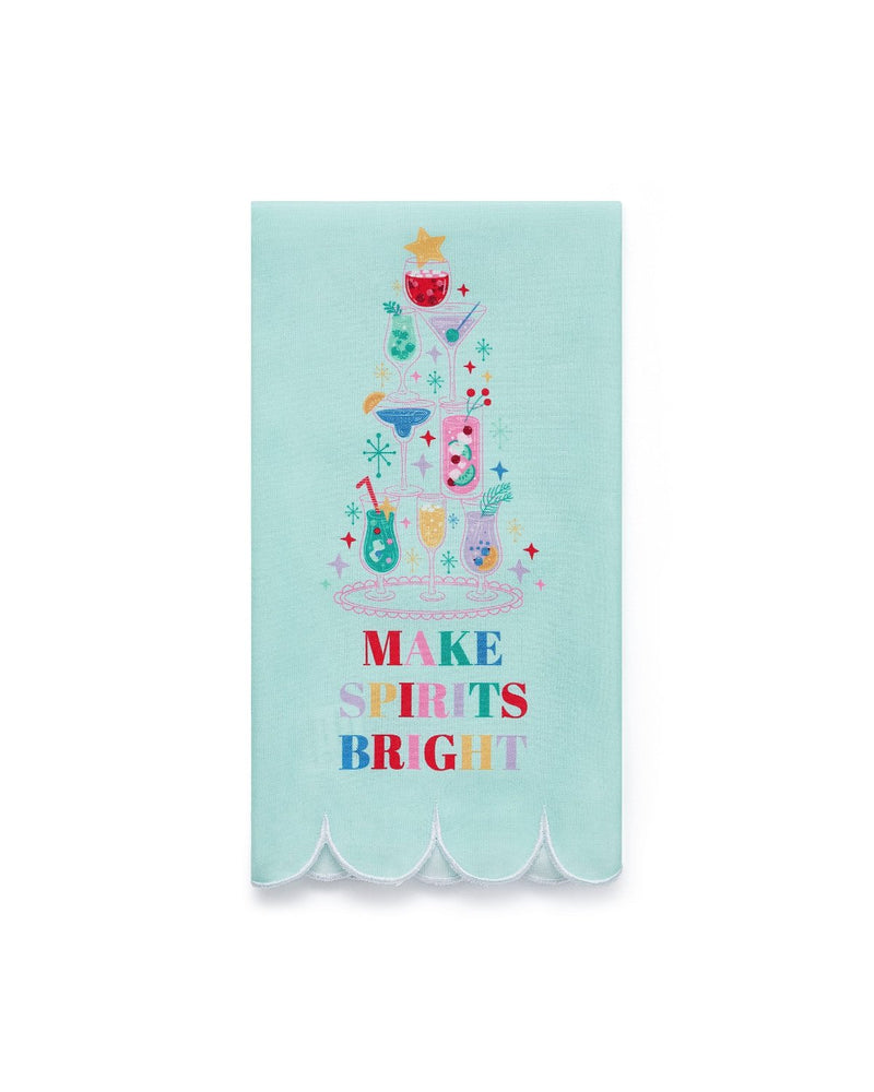 Light blue tea towel with printed cocktails and 'Make Spirits Bright' text with scalloped edge detail shot against white background. 