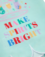 Close up of 'Make Spirits Bright' printed text, cocktail design, and scalloped edge detail. 