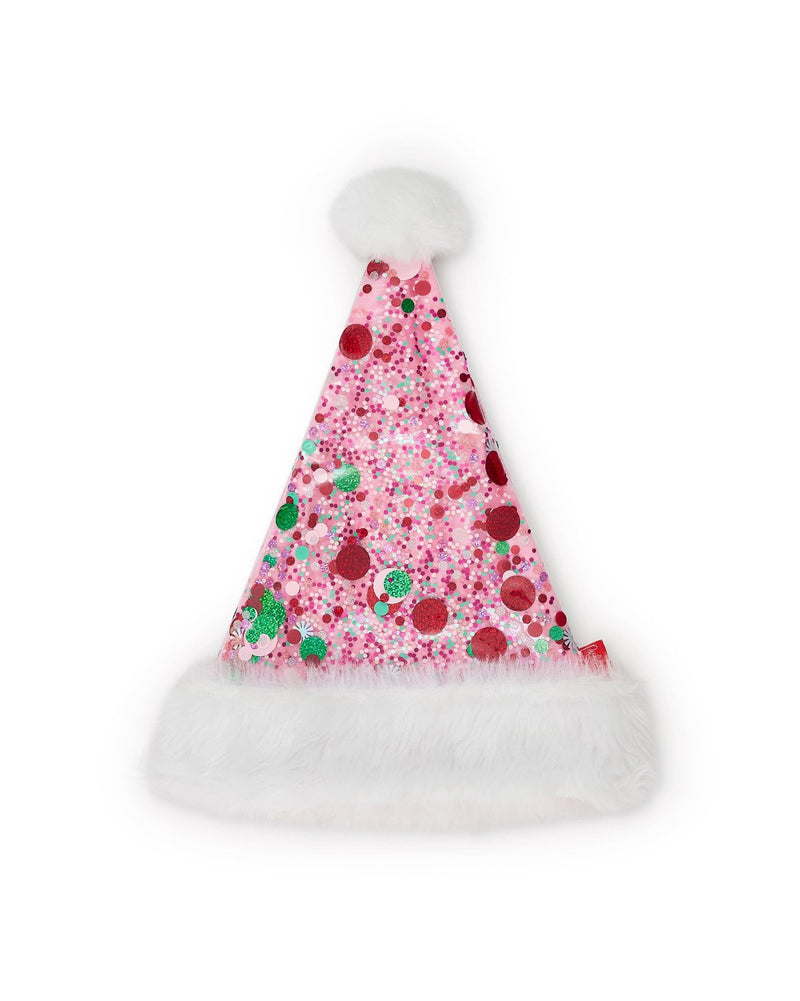 Pink vinyl trapped confetti Santa hat with white faux fur trim shot against white background. 