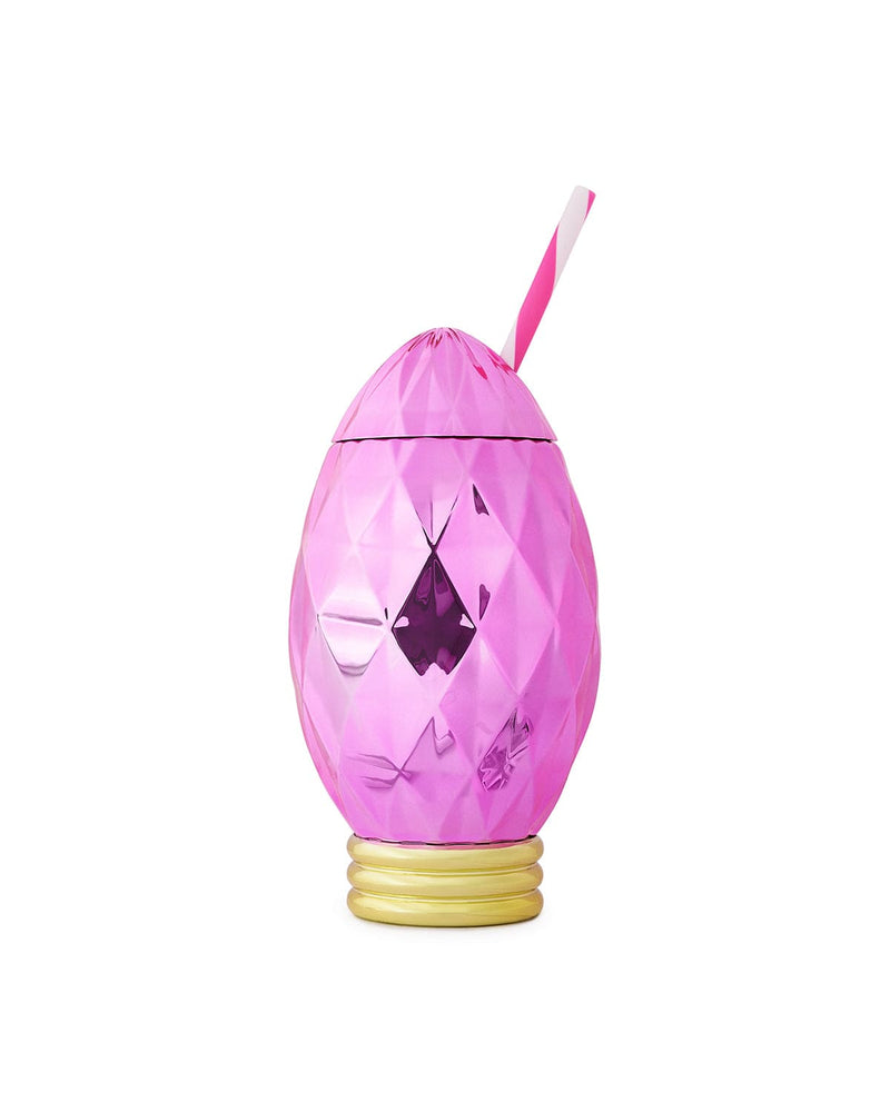 Pink faceted electroplated sipper with striped pink and white straw shot against white background. 