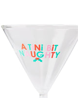 Close of up 'A Tini Bit Naughty' font and colors, shot against white background. 