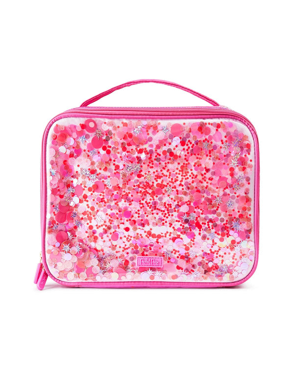 Clear vinyl lunchbox with pink confetti trapped inside. 
