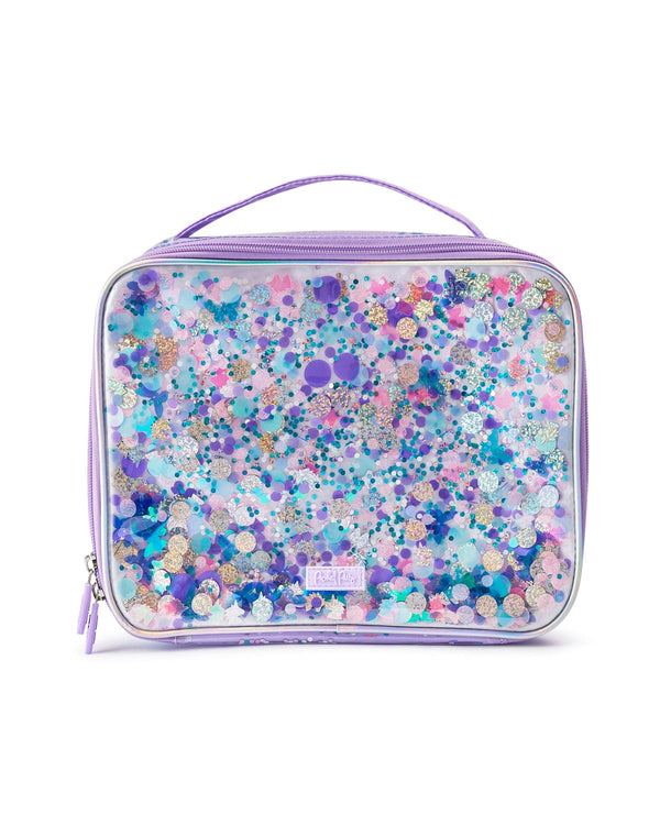 Clear vinyl lunchbox with purple, blue, pink and silver confetti trapped inside.