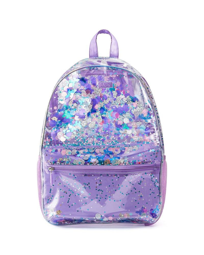 Clear vinyl backpack with purple and silver confetti trapped inside. The backpack features a front zipper pocket, padded adjustable straps, holographic piping and a side water bottle pocket.