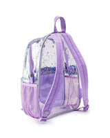 Backside view of a clear vinyl backpack with purple and silver confetti trapped inside. 