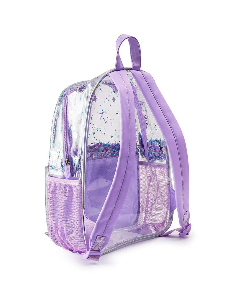 Backside view of a clear vinyl backpack with purple and silver confetti trapped inside. 