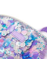 Close up of unicorn and butterfly confetti with purple Packed Party logo