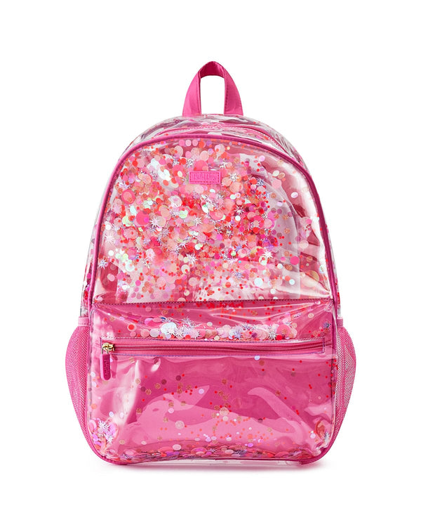Clear vinyl backpack filled with pink confetti and features a front zipper pocket, mesh side water bottle pockets. 