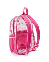 Backside view of a clear vinyl backpack filled with pink confetti. 