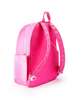 Backside view of pink backpack. 