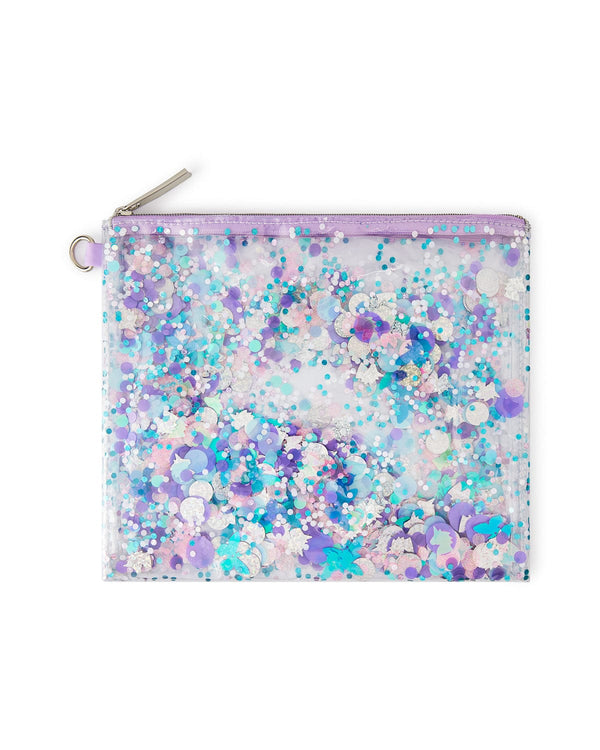 Clear vinyl pouch with purple, blue, silver and pink confetti trapped inside. 