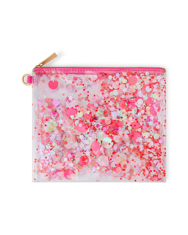 A clear vinyl pouch with pink confetti trapped inside.