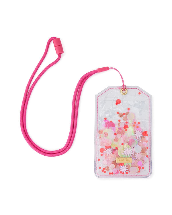 Clear vinyl lanyard with pink confetti trapped inside. The strap is hot pink.