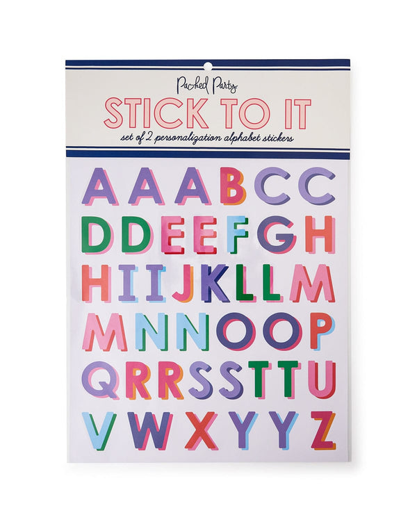 Sticker sheet that features all the letters of the alphabet in a variety of different colors. Some letters are duplicated while others are single. The label reads, "Packed Party Stick to It Set of 2 personalization alphabet stickers."