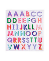 Sticker sheet that features all the letters of the alphabet in a variety of different colors. Some letters are duplicated while others are single.