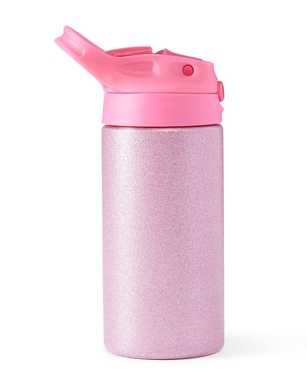 A pink glittery water bottle with a solid pink pop up lid with handle.