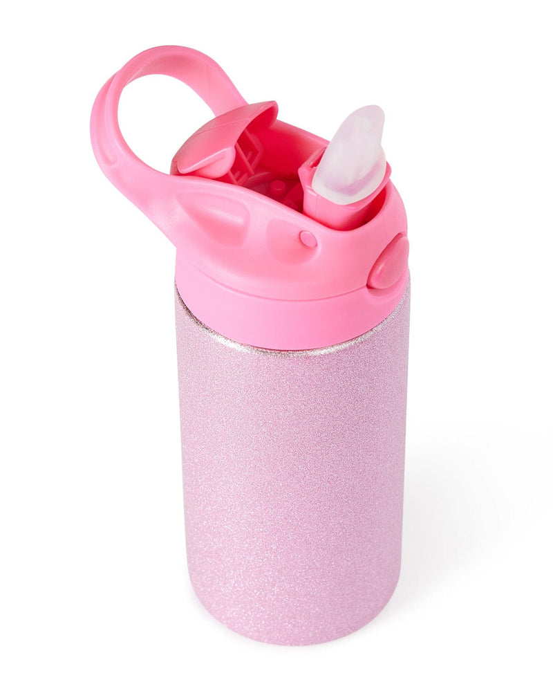 A pink glittery water bottle with a solid pink pop up lid with handle.