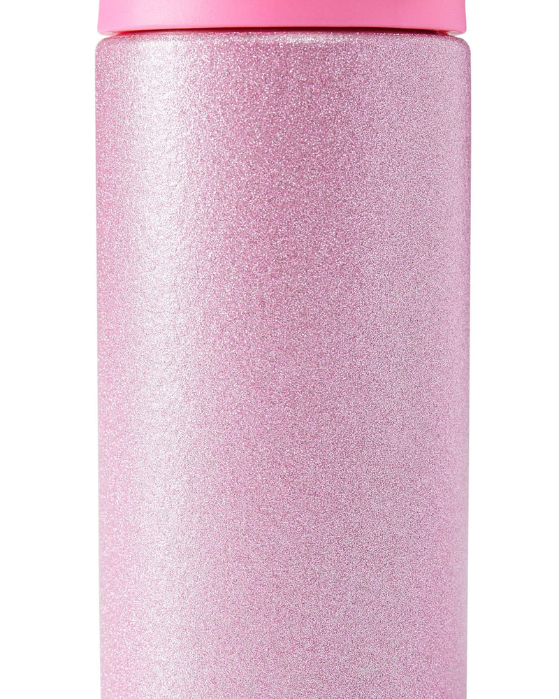 Close up of pink glitter water bottle. 