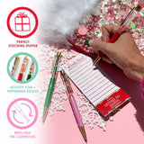 Infographic highlighting features on left with image of hand writing with pen on right. Features include perfect stocking stuffer, novelty pom + peppermint details, and refillable ink cartridges. 